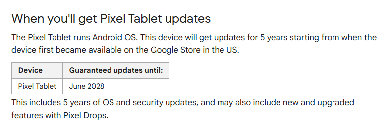Google, Pixel Tablet'e iki yıl daha Android işletim sistemi güncellemeleri veriyor.